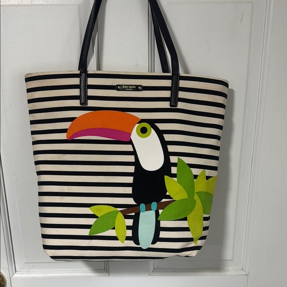 kate spade Handbags - Kate Spade Black and White Striped Tote with Toucan Design